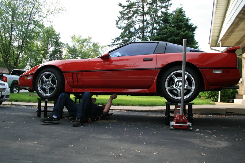 Side view of a Corvette on Lift Stands